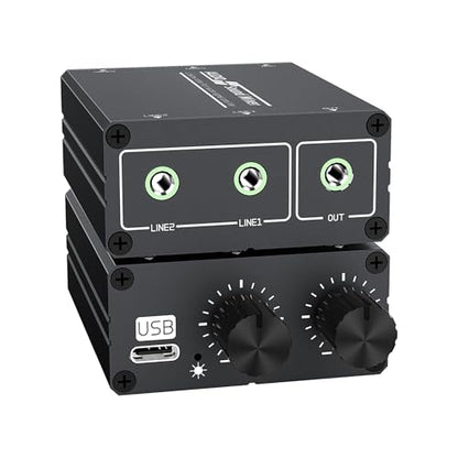 2 Channel Audio Mixer, Supports Two Stereo Audio Input Mixer and Output Audio Mixer, Contains Two 3.5mm Audio Cables and a USB Power Supply Cable, Suitable for PCs, Mobile Phones, laptops, etc