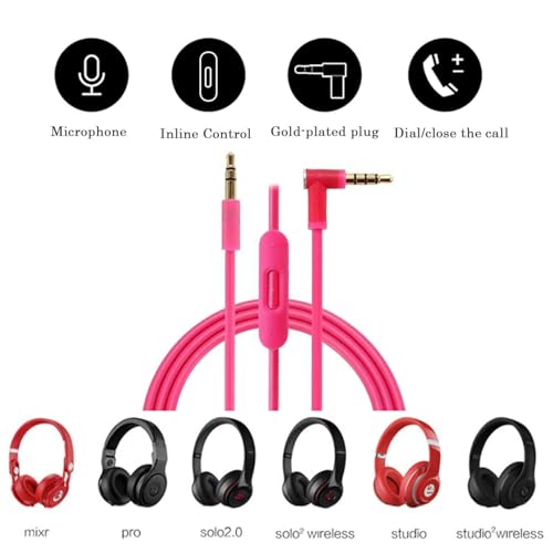 Replacement Audio Cable Cord Wire with in-line Microphone and Control Compatible with Beats Headphones Solo, Studio, Pro, Detox, Wireless, Mixr, Executive, Pill (Pink) - color: Pink