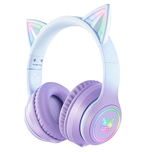 Bluetooth RGB Cat Ear Headphones, Foldable/Built-in Mic, A Purple | Wireless/wired, clear Hi-Fi sound, breathing lights, for kids/adults/girls/school/gaming, works with phone/laptop/PC/tablet - color: Gradient Purple
