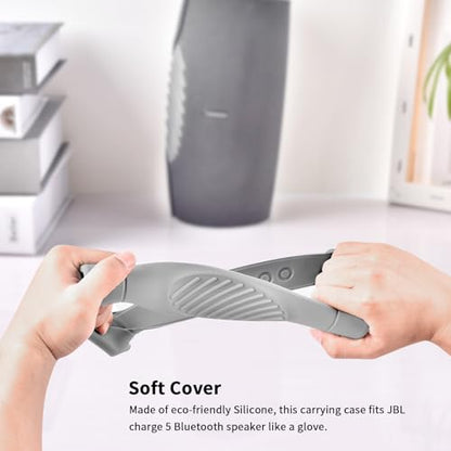 Silicone Case Cover for JBL Charge 5 Portable Bluetooth Speaker | Travel Gel Soft Skin,Waterproof Rubber Carrying Pouch with Strap (Grey) - color: Grey