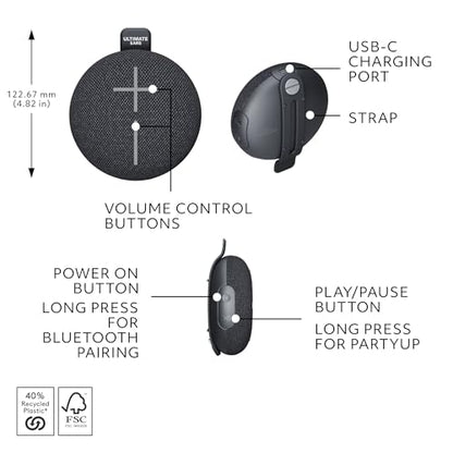 Ultimate Ears MINIROLL Waterproof Bluetooth Speaker - Gentle Black | Ultra-portable, balanced bass, IP67 dustproof, 131 ft (40 m) range - color: Black