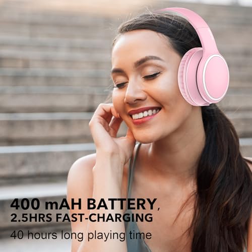 B10 Wireless Over-Ear Headphones, Lightweight Folding Stereo Bass Bluetooth Headset with Mic, 50H Playtime, Volume Control, Bluetooth 5.3 Headphones for iPad/Travel/Tablet/PC (Pink) - color: Pink