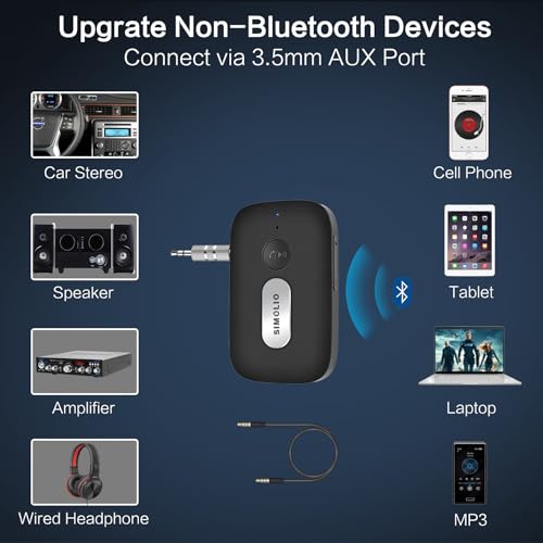 SIMOLIO Bluetooth Receiver for Car w/AUX, Hands-Free Call & Volume Control | 3.5mm Bluetooth Audio Adapter with 35H Battery Life, Wireless Receiver for Home Stereo & Wired Headphones/Speakers JH-215A