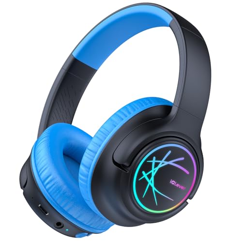 iClever BTH18 Kids Bluetooth Headphones LED Lights for Toddler Boys Girls | SafeSound Tech, 43H Playtime Stereo Sound, USB C Charging AUX Cable, Over Ear Kids Headphones Wireless for iPad/Tablet/Travel - color: Black