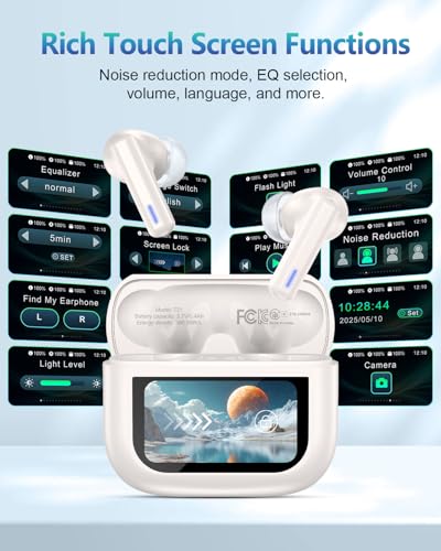 Wireless Earbuds Bluetooth Headphones, ANC/ENC Noise Cancelling, Ear Buds with Multifuntional Touch Screen, 40H Stereo Sound for Sports, IPX7 Clear Calls, 5 EQ for iOS Android - Beige