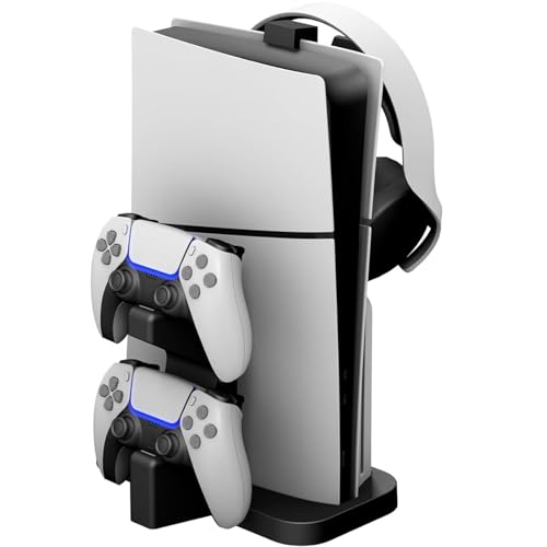NBCP PS5 Slim Vertical Stand with Charging Dock,Dual Controller Charger and LED Indicators,Includes Headset Holder,Integrated Cooling and Storage Accessory Stand for PlayStation 5 Slim Disc & Digital - color: Black