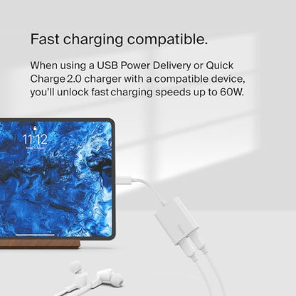 Belkin Rockstar USB-C Audio + Charge Adapter, 60W PD, White | Headphone jack plus USB-C charging pass-through, compatible with iPhone, iPad Pro, Galaxy, Pixel, OnePlus - color: White, size: USB-C, style: USB-C Audio + USB-C Charge