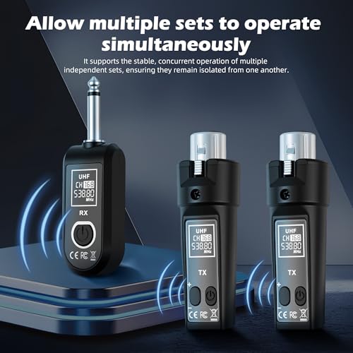 Ease of Use 2.4GHz Professional Wireless XLR Microphone System - 1 Receiver & 2 Transmitters, for Dynamic Mic, Audio Mixer, Electric Guitar & Bass