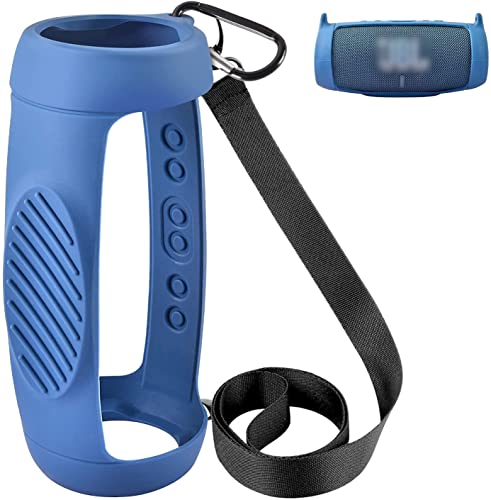 Silicone Case Cover for JBL Charge 5 Waterproof Portable Bluetooth Speaker, Travel Carrying Protective Gel Soft Skin, Waterproof Rubber Pouch with Shoulder Strap and Carabiner - Blue - color: Blue