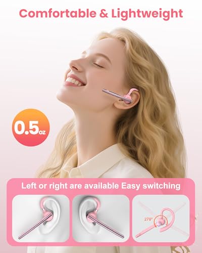 New Bee Bluetooth Headset V5.1 72H Talk Time Dual Mic with Mute Button for Business, Wireless Hand-Free Bluetooth Earpiece with 500mAh Charging Case for Cell Phone Calls Trucker Driver Laptop - color: Pink, style: M54