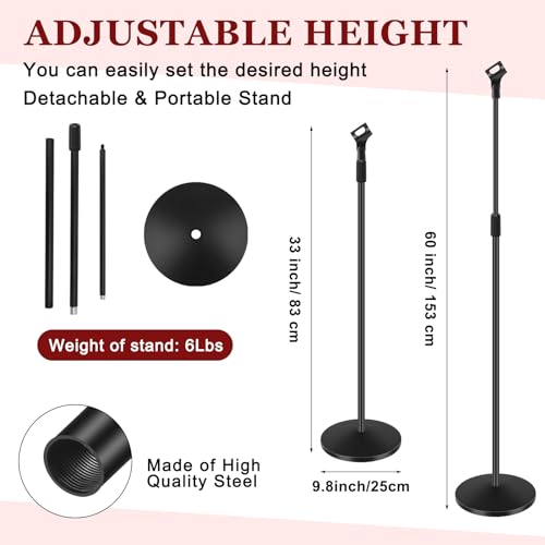 Copkim 2 Sets Mic Stand Round Base Microphone Stand Universal Detachable Podcast Mic Stand for Singing Studio Stage Karaoke, Height Adjustable from 33" to 60", with Mic Clip, 3/8'' to 5/8''adapter