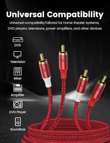 MOSWAG 2RCA Male to 2RCA Male Stereo Auxiliary Audio Cable Subwoofer Cable - color: Red, size: 6.6 ft