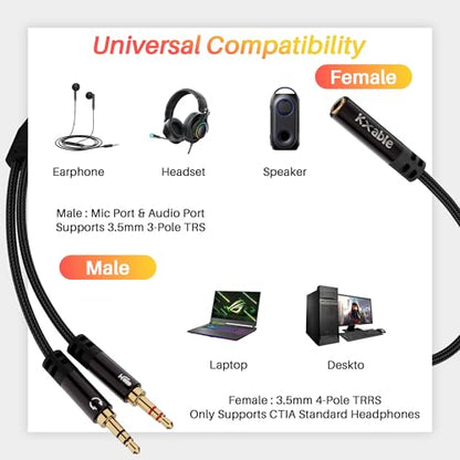 Kxable Headphone Splitter for Computer, 3.5mm Female to Dual 3.5mm Male Audio Splitter Cable, Stereo Jack Earphones Headset to PC Laptop Adapter, 1/8inch 2-in-1 Y Separator Aux Dongle Converters, 2FT - size: 2FT