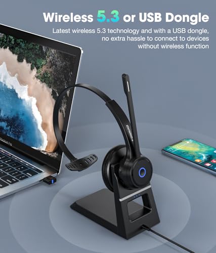 Bluetooth Headset with AI Noise Cancelling Microphone, V5.3 Wireless Headphones with USB Dongle, Charging Station, Microphone Mute Switch, Wireless Headsets for Work