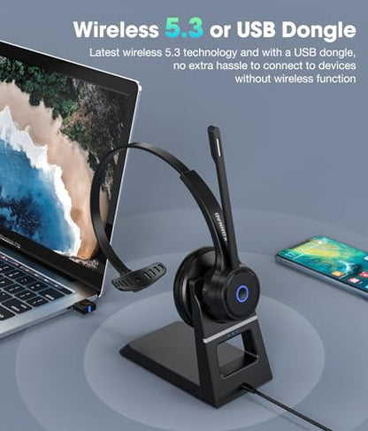 Bluetooth Headset with AI Noise Cancelling Microphone, V5.3 Wireless Headphones with USB Dongle, Charging Station, Microphone Mute Switch, Wireless Headsets for Work