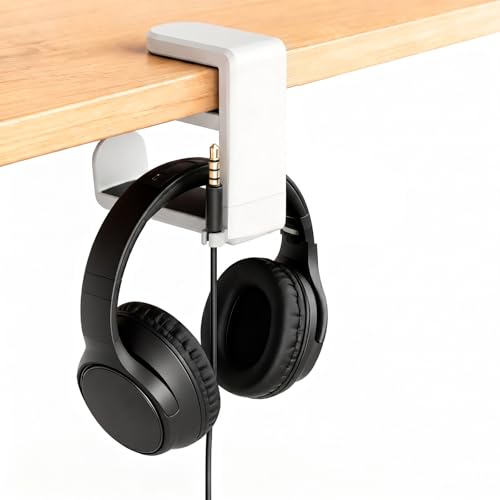 Universal Headphone Hook & Headset Holder, White | 360° Swivel, Under Desk Hook, Cable Management Clip, Universal Fit - color: White