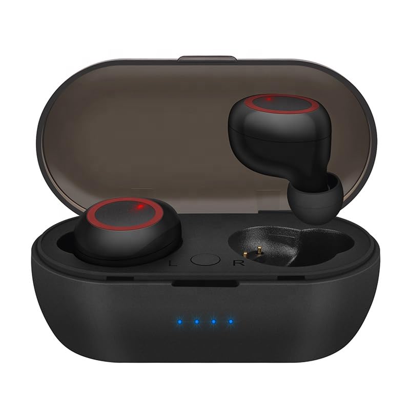 Wireless Bluetooth Earbuds with Charging Case, True Wireless Stereo, Black with Red Accents, LED Battery Indicator, Portable TWS Headphones