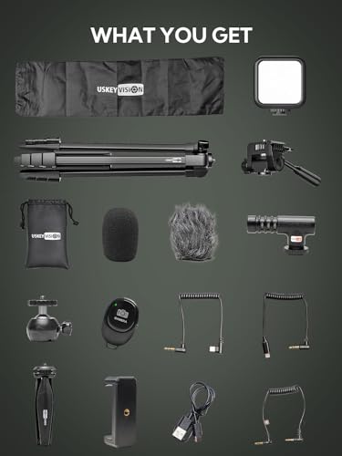 Content Creator Essentials w/Camera Tripod,Light & Mic Vlog K4 | Vlogging Kit for iPhone & Android,w/ Shotgun Microphone,59" Camera Mount Tripod,LED Light,Ball Head Mount for Video Recording - size: VLOGK4(Shotgun Mic)