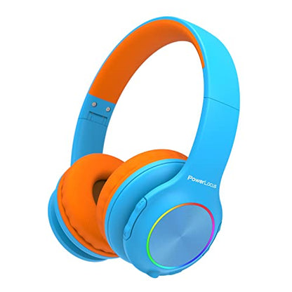 PowerLocus PLED Kids Bluetooth Headphones, Kids Wireless Headphones with LED Lights, 74/85/94dB Safe Volume, Micro SD, AUX Cable, Hi-Fi Stereo, Built-in Mic Over Ear Kid Headphone for Travel/Tablet/PC - color: Blue/Orange