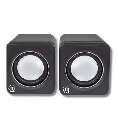 MANHATTAN USB Powered Stereo Speakers, 3.5mm Audio Plug, Volume Control, Bl | USB bus- compact pair with inline level knob, 3 ft lead, 90 Hz-20 kHz response, 166898 - color: Black Silver