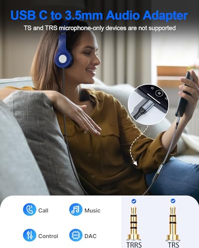 USB C to 3.5mm Audio Adapter - Headphone Jack to USB-C Dongle, Hi-Res DAC Type-C to Aux Female Adapter for Car & Home Stereo, Compatible with iPhone 15/16/17 Series, Galaxy S25, S24, Pixel 10, 9, iPad