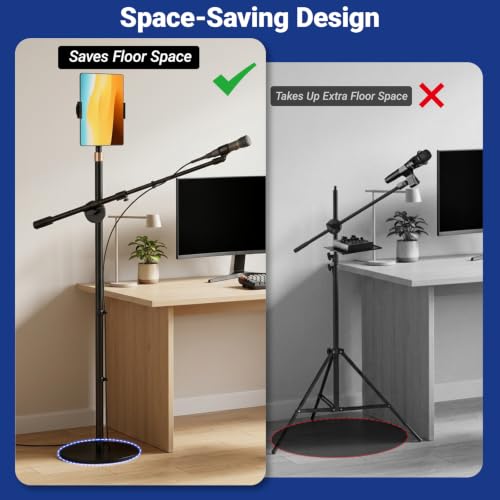 Boom Mic Stand Floor for Singing, Podcast, Studio, Live Streaming | Include Tray and Tablet Hoder, 2.9LBS Round Base, Adjutable Height 16"–63", Compatible with Yeti, SM58, QuadCast, K669B, Q2U