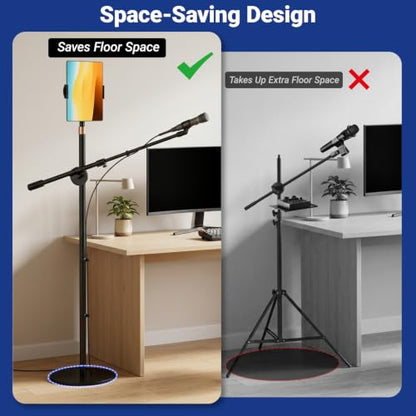 Boom Mic Stand Floor for Singing, Podcast, Studio, Live Streaming | Include Tray and Tablet Hoder, 2.9LBS Round Base, Adjutable Height 16"–63", Compatible with Yeti, SM58, QuadCast, K669B, Q2U