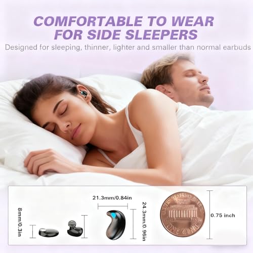 Invisible Sleep Wireless Earphone IPX5 Waterproof Purple Wireless Thin Invisible Sleep Earbuds for Side Sleepers Ear Buds Smallest Tiny Small Mini Discreet Earbud for Sleeping Invisible Headphones - color: Purple