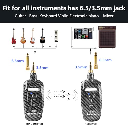 Wireless Guitar System 2.4GHz 2 Modes, 250° Rotatable (K6) | Wireless Guitar Transmitter Receiver, Automatic Pairing, for Guitar Bass, Violin, Keyboard, Over 30m/100 Feet, Carbon Fiber - color: Carbon Fiber