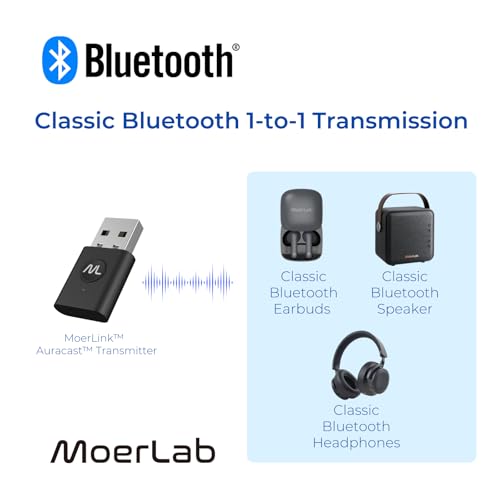 MoerLink Bluetooth 5.3 Auracast Audio Transmitter – USB Plug-and-Play Adapter for TV, PC, Speakers, and Auracast-Compatible Hearing Aids – Low Latency, Multi-Device Broadcast, LE Audio Support