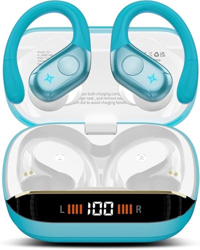 Qecnato Wireless Earbuds Bluetooth 5.4 Headphones 75H Stereo Deep Bass Sports Over Ear Buds with Earhooks, LED Display Bluetooth Earbuds with 4 ENC Mic, IP7 Waterproof Earphone for Running, Blue