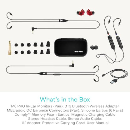 MEE audio M6 PRO Musicians' in-Ear Monitors Wired + Wireless Combo Pack: Includes IEMs, 2 Audio Cables and BT3 Hi-Res Bluetooth Audio Adapter w/aptX, LDAC, Auracast Support, & Built-in Headset (Red) - color: Red, style: IEMs + Bluetooth Adapter
