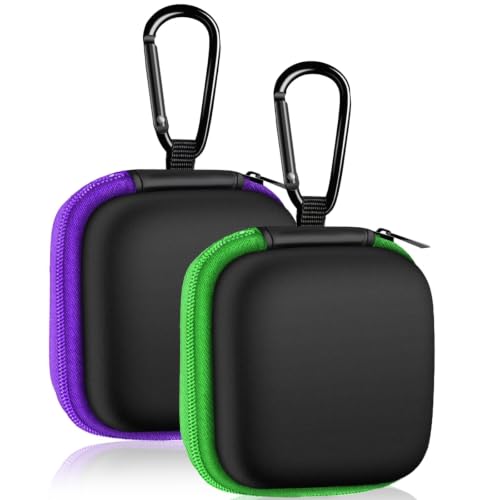 2 Pack Square Earbud Case Storage Bag with Carabiner, Purple/Green - color: B2-Purple/Green