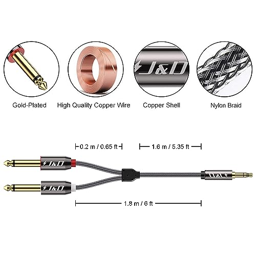 J&D 1/8 to 1/4 Stereo Cable, 3.5mm TRS to Dual 6.35mm TS Breakout Cable Y Splitter Cord for Amplifiers/Audio Mixer/Audio Recorder/MP3/MP4, Nylon Braid, Gold Plated Copper Shell, 6 Feet - size: 6 Feet
