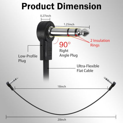 TRS Stereo Flat Patch Cables 18 in | 1/4" Right Angle Male-to-Male Connector for Effct Pedal, Low Profile, Save More Space Pedals Board, Black - color: 18 in