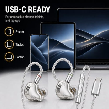Rosmas HiFi Earbuds with Mic, USB-C Wired Earbuds HiFi Earphones,SM10 Pro 5-Driver Hybrid IEM Earphones, 4BA+1DD Driver System, Detachable 2-Pin Cable, in Ear Monitors for Gaming Music Calls - color: silver&USB-C