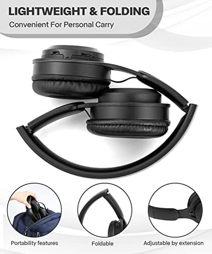Kids Bluetooth Headphones, On Ear Wireless Headsets for Children with Built-in Microphone, Foldable Stereo Detachable Aux 3.5mm Cord, Kids Headphones for Boys Girls School iPad Tablet (Black)