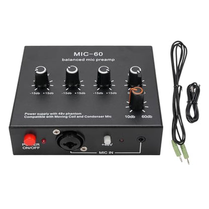 Microphone Preamp Mic Gain Booster 48V Power Supply Mic Pre Amp for Dynamic Condenser XLR 3.5mm 6.35mm Inputs Outputs (with 3.5mm Sound Cable) - size: With 3.5mm Sound Cable