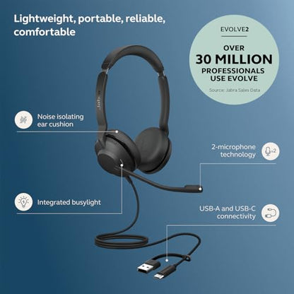 Jabra Evolve2 30 SE (2025 Version) Wired Dual-Ear USB Headset, Black | Dual-Ear Headset with Microphone, USB-A and USB-C Cable, Ideal Computer Headset, Works with Online Meeting Platforms - color: Black, style: All Platforms