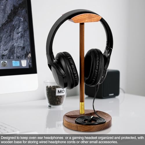 Headphone Stand for Desk, Solid Wood Gaming Headset Stand, Universal Wooden Headphone Stand Hanger, Wooden Headphone Holder with Storage Base for Airpod max and More