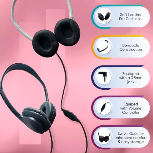 1 Pack Wired On-Ear Leather Headphones with 3.5mm Connector and Remote Control for Volume, Black