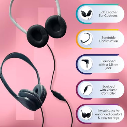 1 Pack Wired On-Ear Leather Headphones with 3.5mm Connector and Remote Control for Volume, Black