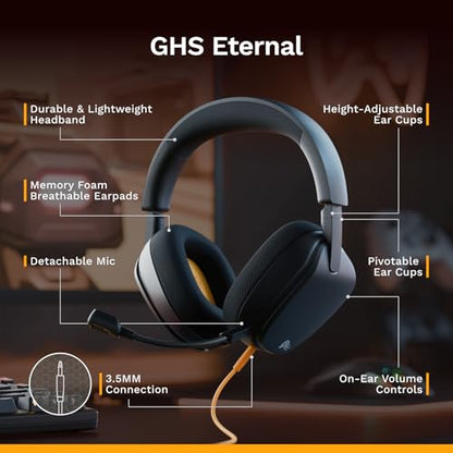 GLORIOUS GHS Eternal - Stereo Gaming Headset for PC, PS5, PS4, Xbox, Switch - Custom Tuned Angled Drivers, Adjustable Crystal Clear Detachable Mic, 3.5mm - Durable, All Day/Night Comfort - Black - color: Black