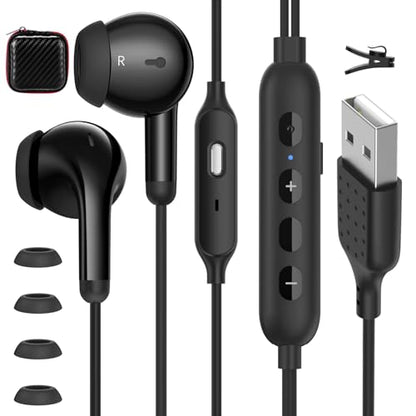 APETOO USB Earbuds Computer Headphones with 2 EQs -Bass Boost & Clear Vocal | Wired Earphones Mic & Volume Control, Mute Button, HiFi Stereo, 7.5ft Long Cord USB-A Ear Buds for Dell HP Surface PC Office