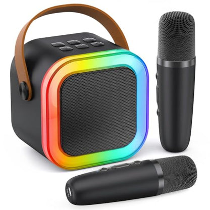 Mini Karaoke Machine, Portable Bluetooth Speaker & 2 Wireless Microphones | Karaoke Player Karaoke Microphone For Family Home Party Outdoor With HI-FI Sound | 5 Magic Sound | PA System | USB | TF | AUX - color: Black