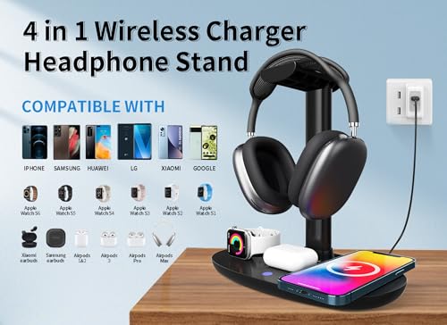 4 in 1 Headphone Stand with 15w Charger, Qi Charging Station Headset Holder, Detachable Design, Headphone Stand for Travel, Home, Hotel