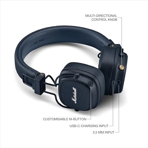 Marshall Major V Wireless On-Ear Bluetooth Headphones - 100+ Hr Playtime | Detachable Audio Cable | Microphone for Calls | Lightweight, Foldable Design for Travel - Midnight Blue - color: Midnight Blue
