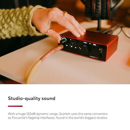 Focusrite Scarlett Solo 4th Gen USB Audio Interface, for the Guitarist, Vocalist, or Producer — High-Fidelity, Studio Quality Recording, and All the Software You Need to Record | 1 XLR Mic Preamp, 1 Hi-Z Instrument Input, 24-Bit/192kHz, 120dB Dynamic Rang