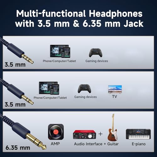OneOdio Wired Over Ear Headphones Studio Monitor & Mixing DJ Stereo Headsets with 50mm Neodymium Drivers and 1/4 to 3.5mm Jack for AMP Computer Recording Podcast Keyboard Guitar Laptop - Dark Blue | headphone with 50mm drivers, dual 3.5mm and 6.35mm jacks