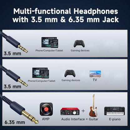 OneOdio Wired Over Ear Headphones Studio Monitor & Mixing DJ Stereo Headsets with 50mm Neodymium Drivers and 1/4 to 3.5mm Jack for AMP Computer Recording Podcast Keyboard Guitar Laptop - Dark Blue | headphone with 50mm drivers, dual 3.5mm and 6.35mm jacks
